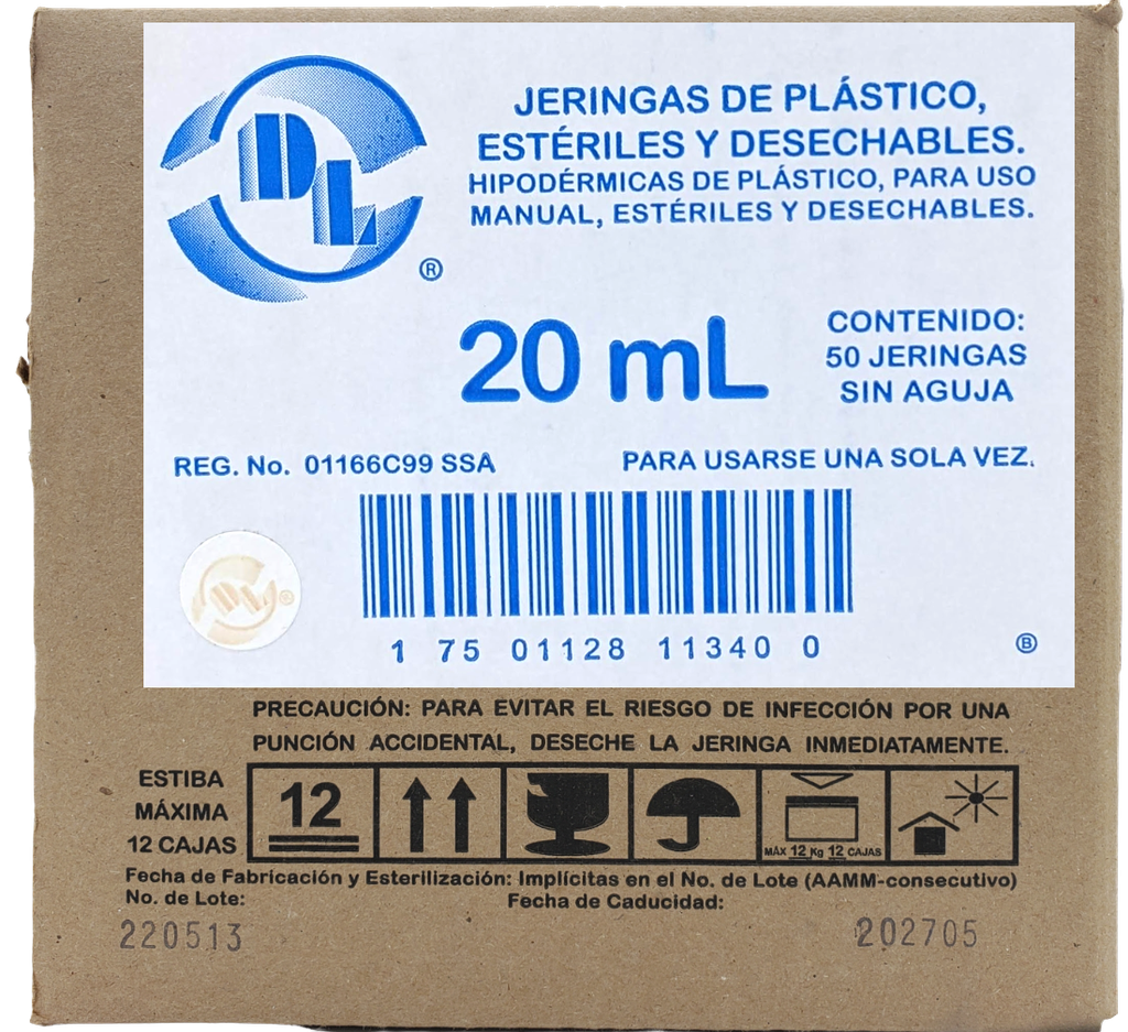 Caja de jeringas esteril de plastico sin aguja 20ml c/50pzas