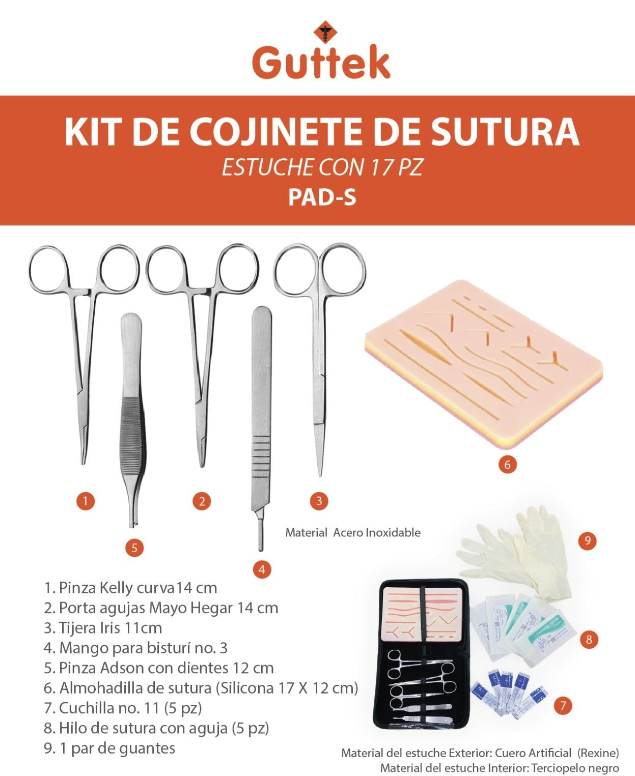 Estuche de cojinete de sutura con 17 pzas, Mca. Homecare