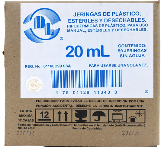 Caja de jeringas esteril de plastico sin aguja 20ml c/50pzas